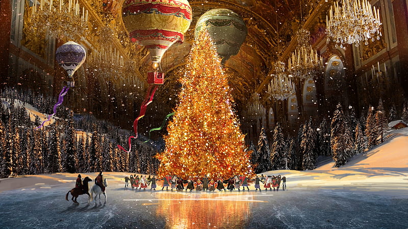 Christmas, luminos, craciun, golden, olga antonenko, lights, hot air ballons, tree, fantasy, people, HD wallpaper