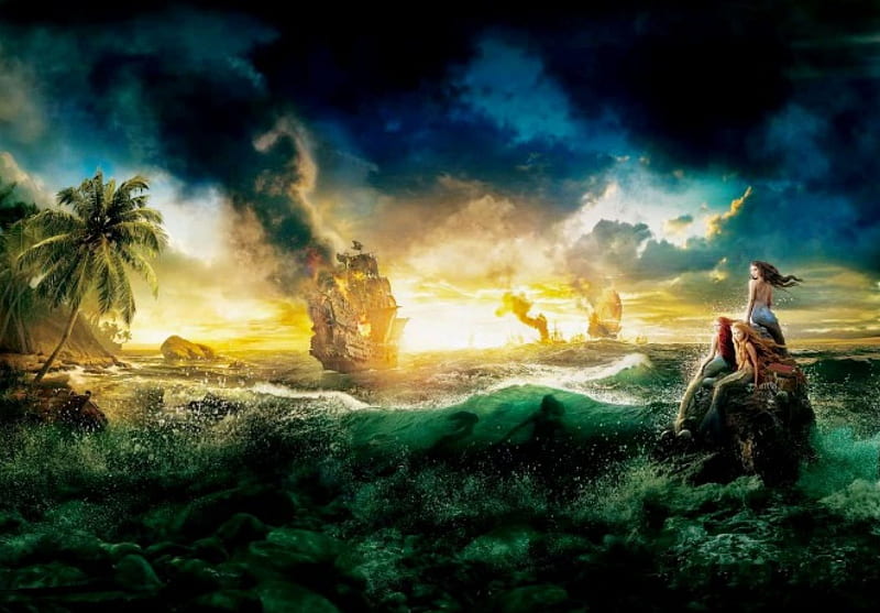 Pirates of the Caribbean, ships, fire, mermaids, island, sea, palms, HD wallpaper