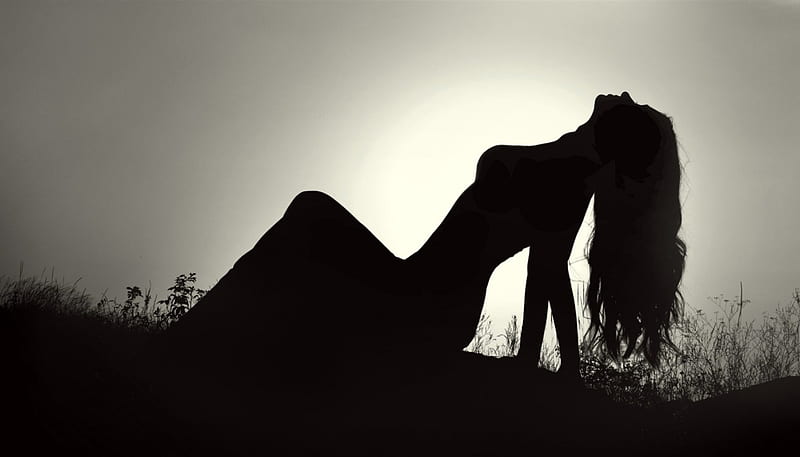 Silhouette, graphy, girl, black and white, beauty, bonito, woman, HD wallpaper