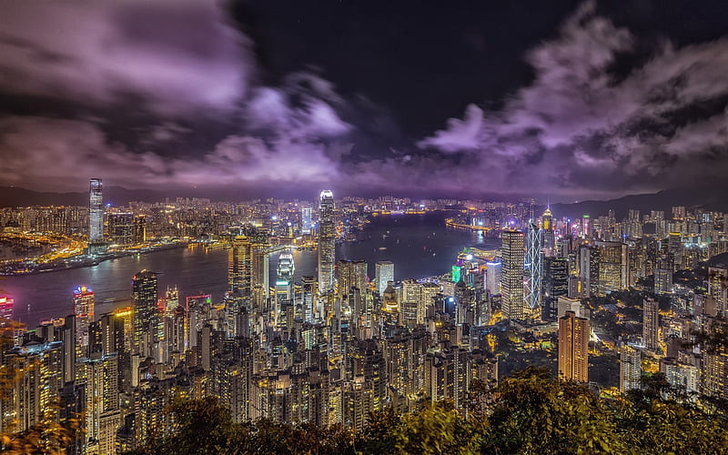 Hong Kong, China, night, metropolis, big city, skyscrapers, modern architecture, bay, HD wallpaper