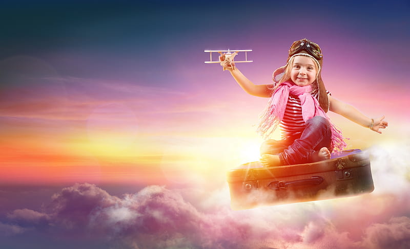 :), airplane, cloud, girl, copil, toy, child, dream, HD wallpaper