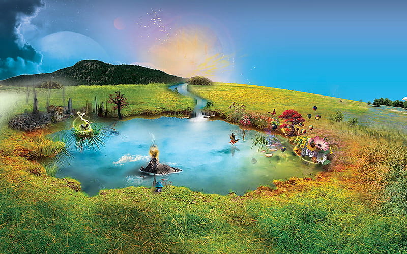 Wizards, pretty, grass, mountain, nice, calm, butterfly, green, flowers, blue, lovely, hole, colors, place, country, sky, trees, lake, happy, pond, water, 3d, balloons, peaceful, awesome, mushrooms, scene, HD wallpaper