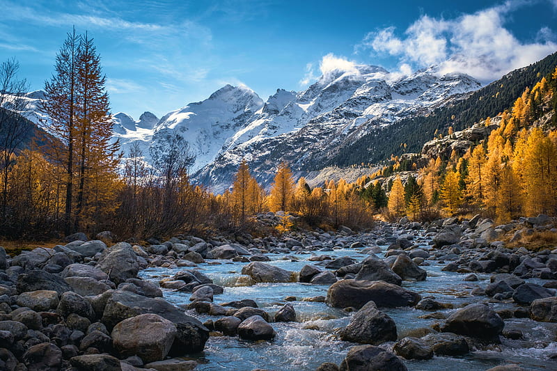 Fall in the Swiss Alps. Morteratsch, Switzerland, fall, autumn, stones, colors, creek, trees, clouds, sky, HD wallpaper