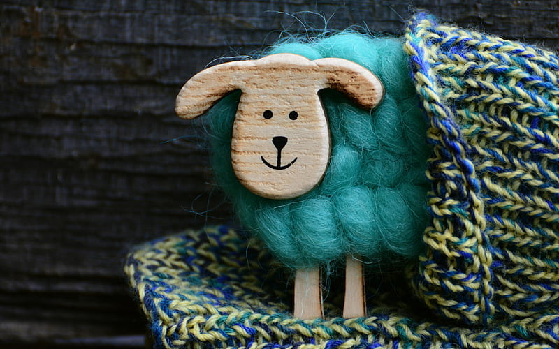 toy sheep, cute toys, knitted blue sheep, toys, HD wallpaper