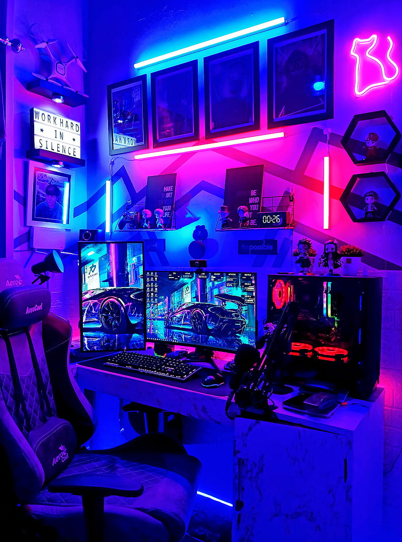 Gaming Setup, magenta, computer, gamingsetup, light, neon, night, pcsetup,  desksetup, HD phone wallpaper | Peakpx