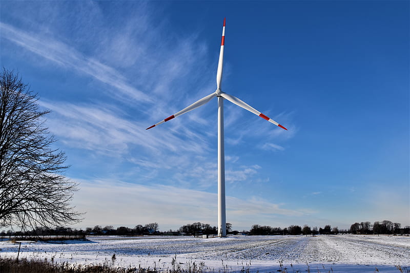 white wind turbine on snow covered ground under blue sky during daytime, HD wallpaper