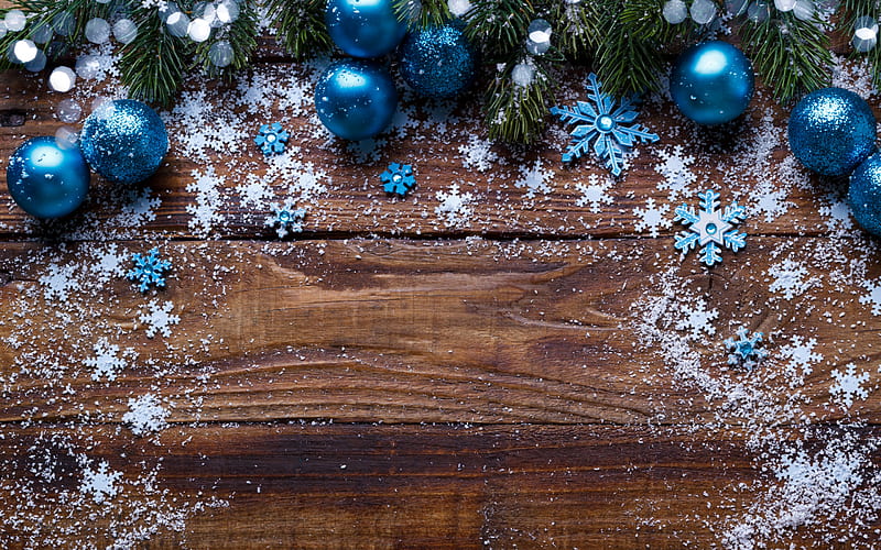 Christmas frame with blue balls, wood texture, winter, snow, Christmas, Happy New Year, Blue christmas balls, HD wallpaper