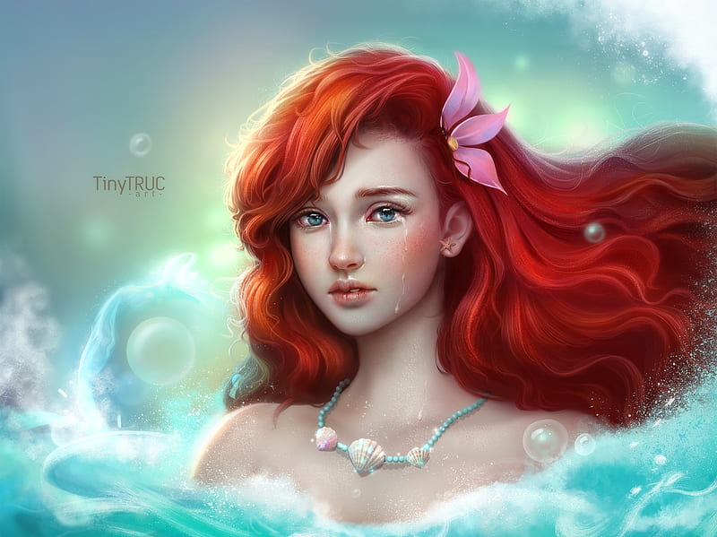 Ariel, tinytruc, pink flower, frumusete, redhead, luminos, mermaid, sea, water, vara, disney fanart, summer, siren, face, portrait, blue, HD wallpaper