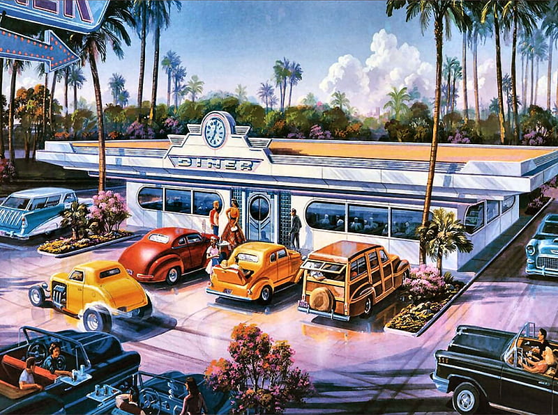 The Diner - Cars F, architecture, art, bonito, illustration, diner, artwork, restaurant, drive in, painting, wide screen, scenery, landscape, HD wallpaper