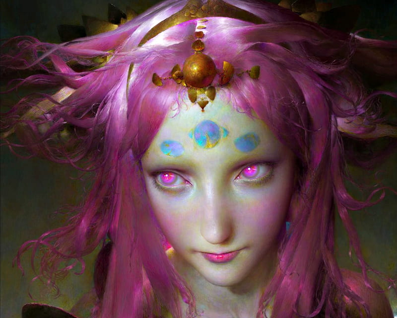 Princess, art, luminos, elf, woman, fantasy, girl, ruan jia, amethyst eyes, face, pink, blue, HD wallpaper