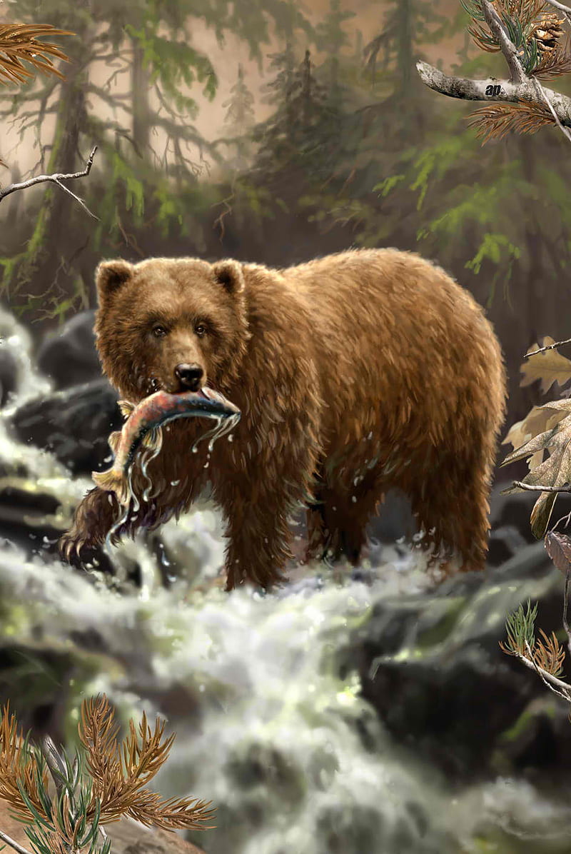 Bear, fish, stream, wild, HD phone wallpaper