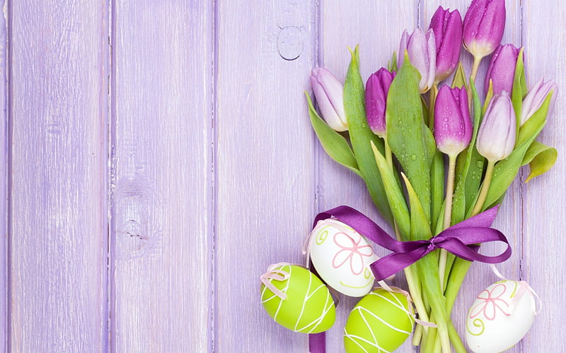 Happy Easter!, lilac, bow, card, egg, green, purple, flower, eater