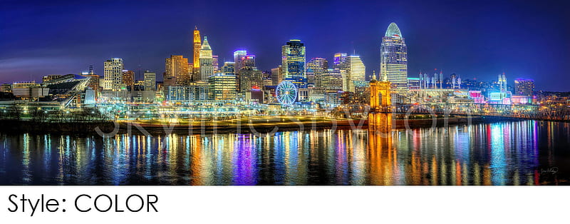 Cincinnati Skyline Evening NIGHT River Panoramic Print Cityscape Cincy, HD wallpaper