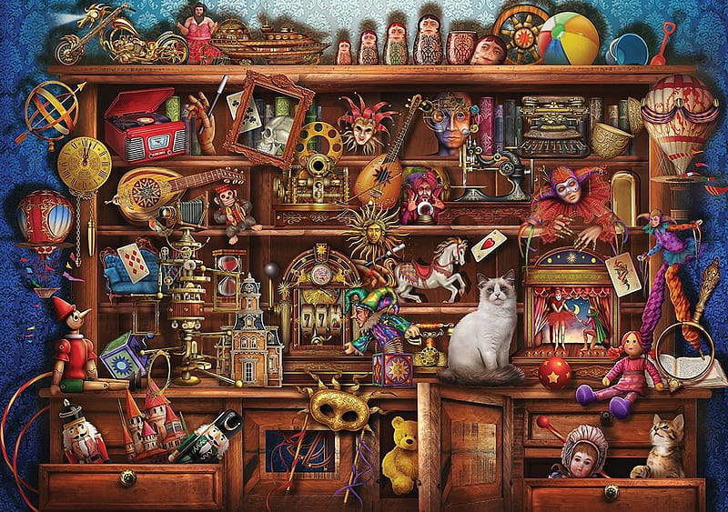 The toy shelf, ciro marchetti, fantasy, shelf, toy, stuff, pisici, cat, art, colorful, luminos, HD wallpaper