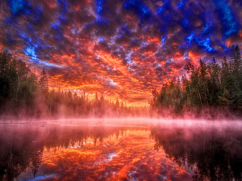 Fire sky, fire, water, reflection, clouds, sky, sea, HD wallpaper