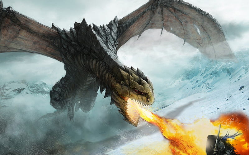 Dragon's Attack, giant, soldier, fantastic, a, dragon, dragons, fire, mountain, anime, ice attack, eyes, ambush, HD wallpaper