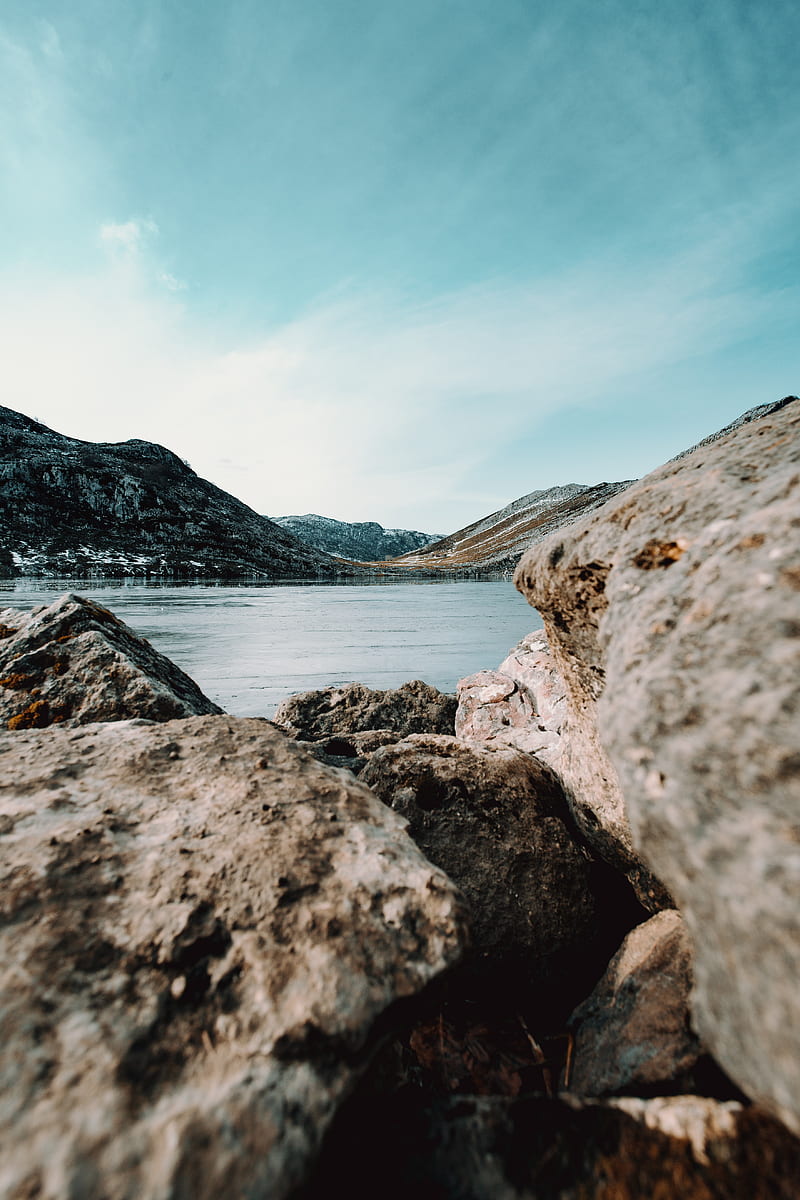 rocks, blocks, lake, horizon, HD phone wallpaper
