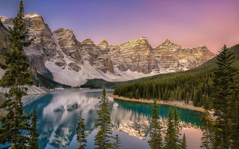 Moraine Lake, spring, sunset, evening, glacial lake, forest, emerald lake, mountain landscape, Canada, Banff National Park, HD wallpaper