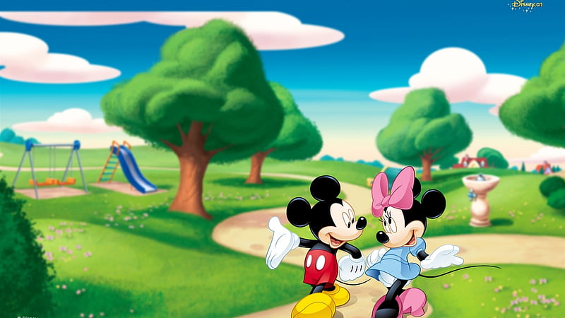 Mickey and Minnie Mouse, tree, green, summer, park, mickey mouse ...