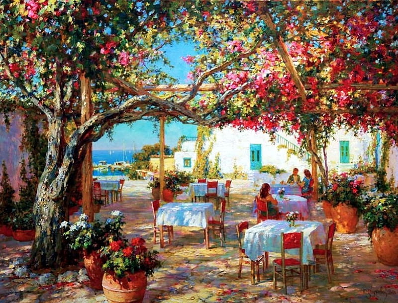 Mediterranean Restaurant, tables, people, painting, chairs, flowers, blossoms, trees, artwork, HD wallpaper