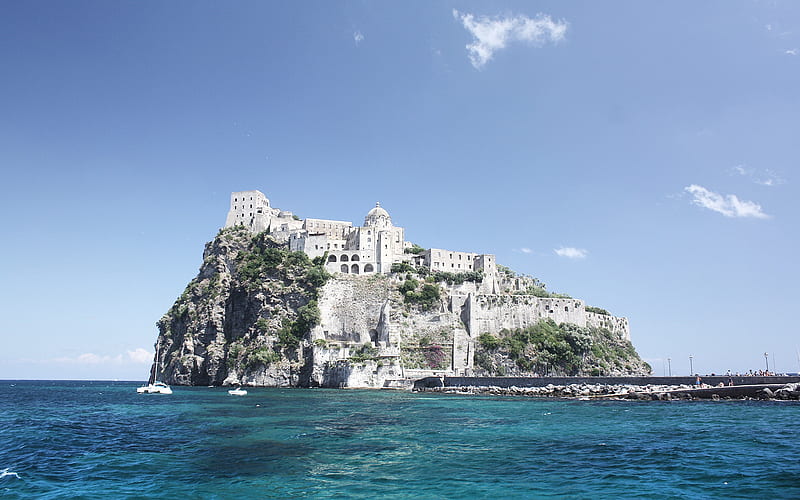 Aragonese Castle, ancient fortress, Ischia, castles of Italy, Tyrrhenian Sea, medieval castle, Gulf of Naples, landmark, volcanic island, Italy, HD wallpaper