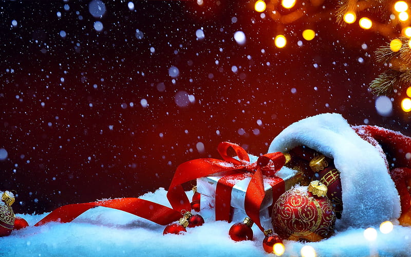 New Year, New Year gifts, winter, snow, red Christmas balls, HD wallpaper