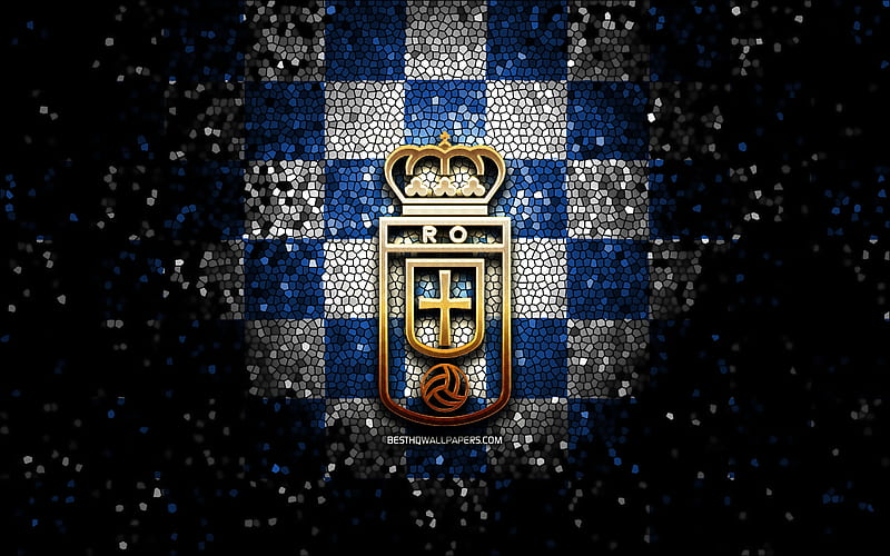 Real Oviedo FC, glitter logo, La Liga 2, blue white checkered background, Segunda, soccer, spanish football club, Real Oviedo logo, mosaic art, football, LaLiga 2, Real Oviedo, HD wallpaper