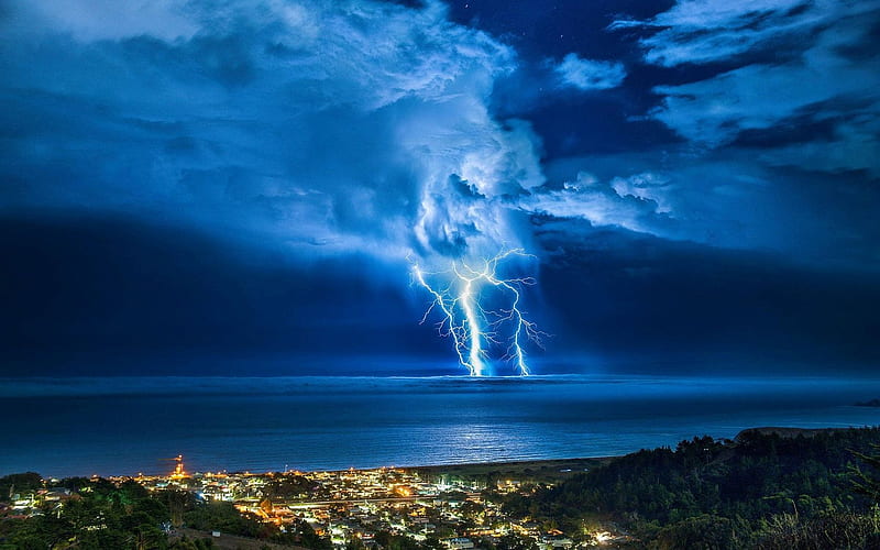 Lightning Striking In The Ocean, lightning, ocean, nature, clouds, sky, storm, HD wallpaper
