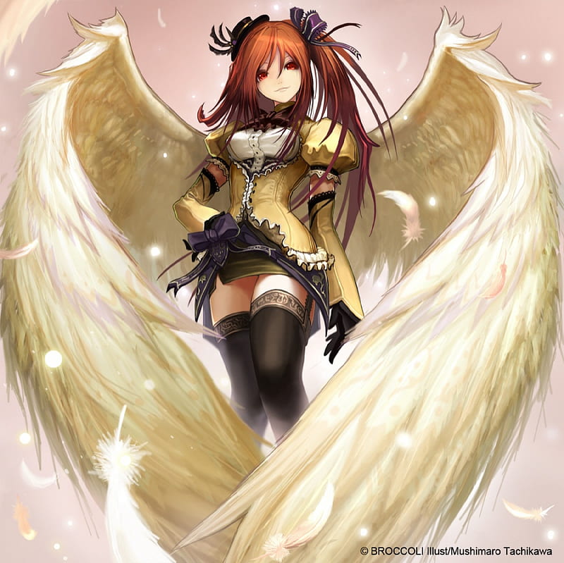 Masterbimo, pretty, stunning, thigh highs, bonito, anime, hot, beauty, anime girl, long hair, feathers, wings, angel, sexy, wigs, angle, cute, white, orange hair, HD wallpaper