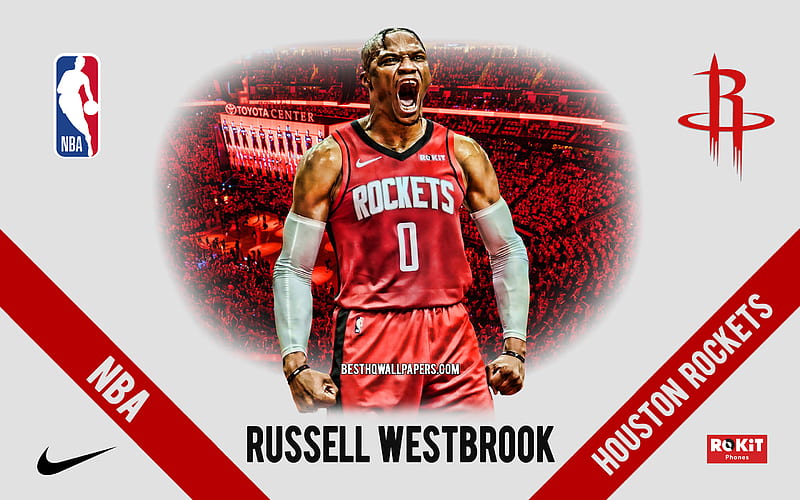 Russell Westbrook, Houston Rockets, American Basketball Player, NBA, portrait, USA, basketball, Toyota Center, Houston Rockets logo, HD wallpaper