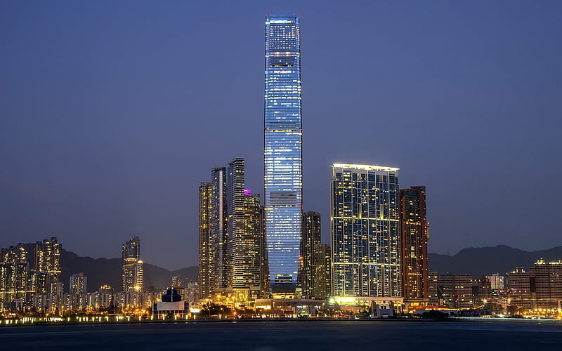 International Commerce Centre, Hong Kong, commercial skyscraper, evening, modern architecture, business centers, China, HD wallpaper