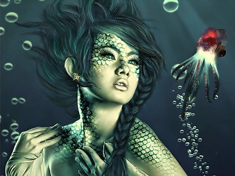 Underwater Maiden, red, underwater, octopus, female, ocean, woman, fantasy, water, green, bubbles, salt water, lady, maiden, HD wallpaper