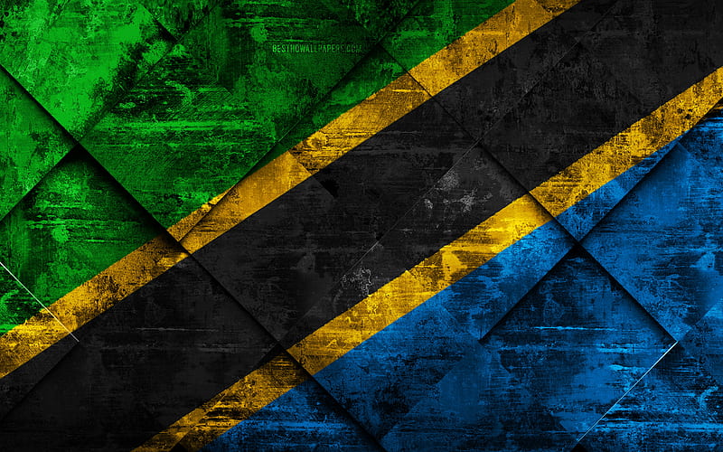 Flag of Tanzania grunge art, rhombus grunge texture, Tanzania flag, Africa, national symbols, Tanzania, creative art, HD wallpaper