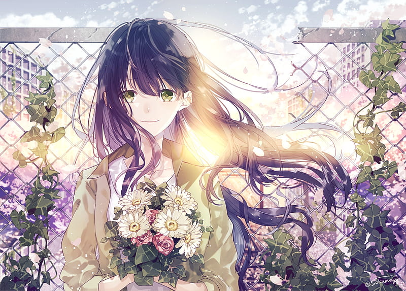 anime girl, fence, rooftop, flowers, smiling, sunlight, Anime, HD wallpaper