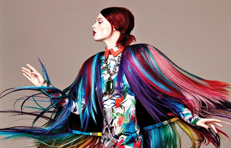 Coco Rocha, model, redhead, colors, black, rainbow, woman, girl, pink, blue, HD wallpaper