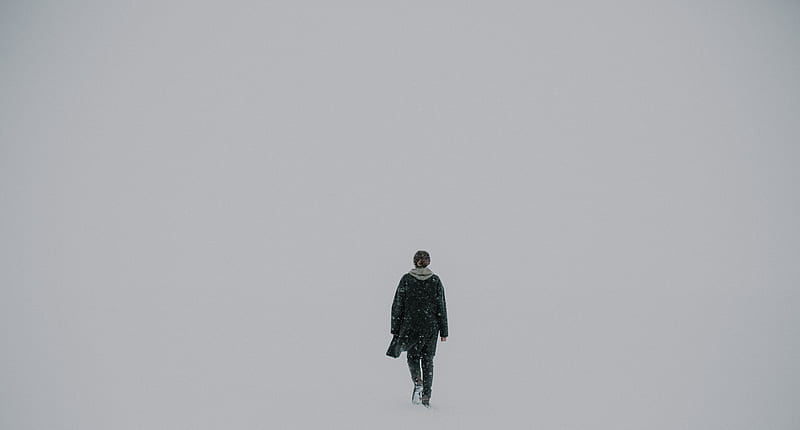 man, silhouette, snow, winter, void, HD wallpaper