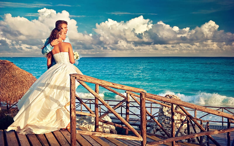 just married happy couple, bride, bonito, gorgeous, gown, HD wallpaper