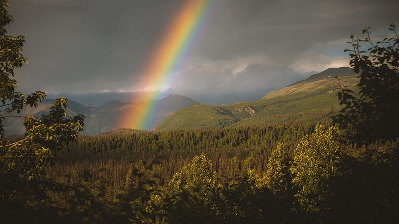 A summer rain shower in Alaska, usa, rainbow, clouds, landscape, trees, sky, mountains, HD wallpaper