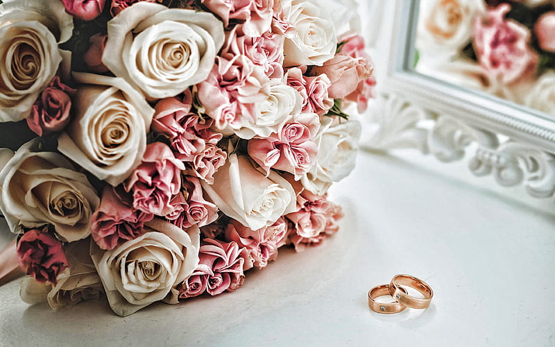 Gold wedding rings, bridal bouquet, roses, wedding, rose bouquet, gold rings, HD wallpaper
