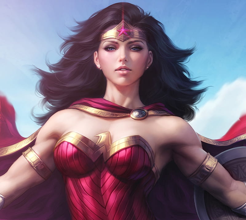 Wonder Woman, red, fantasy, luminos, girl, comics, stanley artgerm lau, HD wallpaper