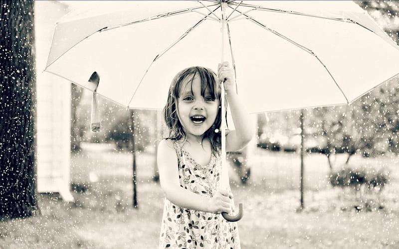 It's raining!, umbrella, black, joy, girl, summer, child, rain, white, blue, HD wallpaper