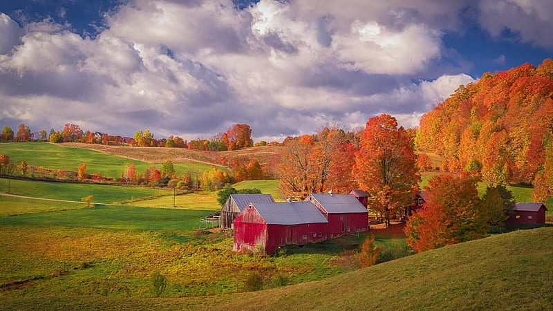 Golden Autumn in Vermont, house, fall, landscape, trees, colors, sky, barn, usa, leaves, clouds, HD wallpaper