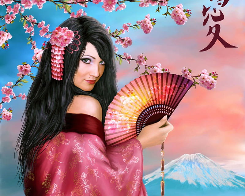 Red Komono, female, sunset, komono, woman, tree, fantasy, water, oriental, asian, fan, black hair, HD wallpaper