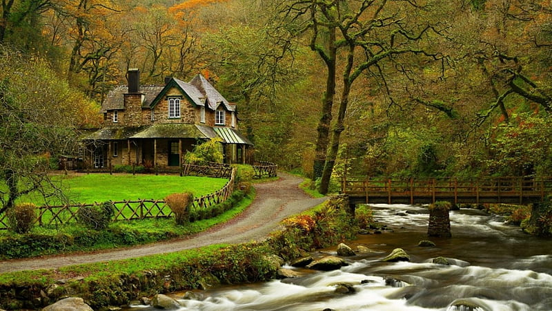 House by the riverside, Forest, Bridge, River, Lakes, House, HD wallpaper