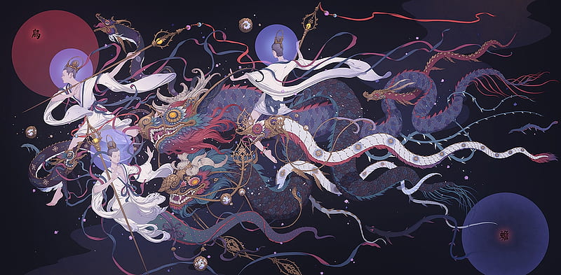 Dances with dragons by Liuyuan Lange, fantasy, luminos, girl, lange, dragon, pink, blue, dancer, HD wallpaper