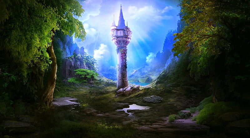 ..Magic Tower.., love four seasons, attractions in dreams, creative pre-made, digital art, fantasy, green, manipulation, landscapes, nature, forests, HD wallpaper