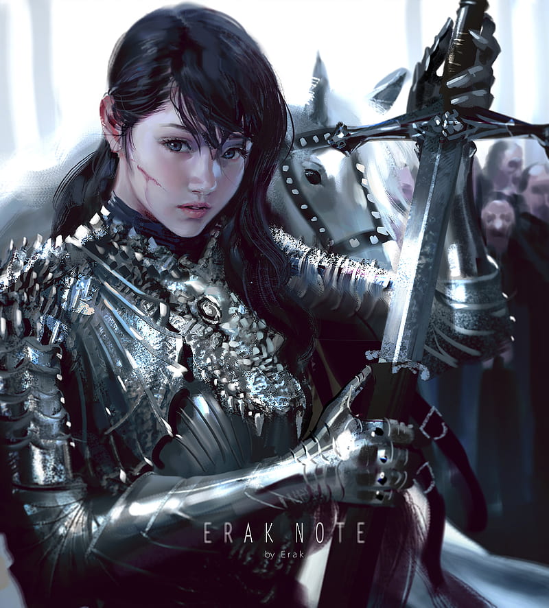 artwork, ArtStation, fantasy art, fantasy girl, Armored, dark hair, sword, HD phone wallpaper