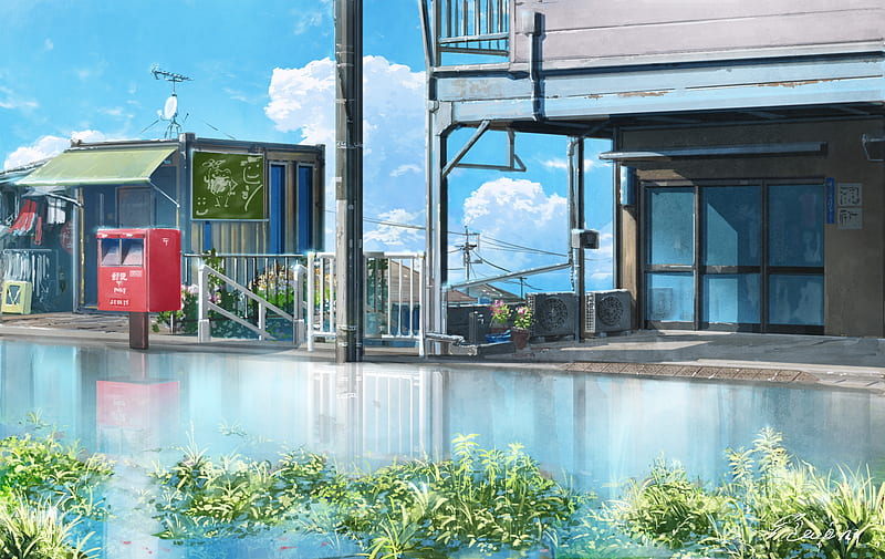 anime landscape, street, buildings, clouds, Anime, HD wallpaper