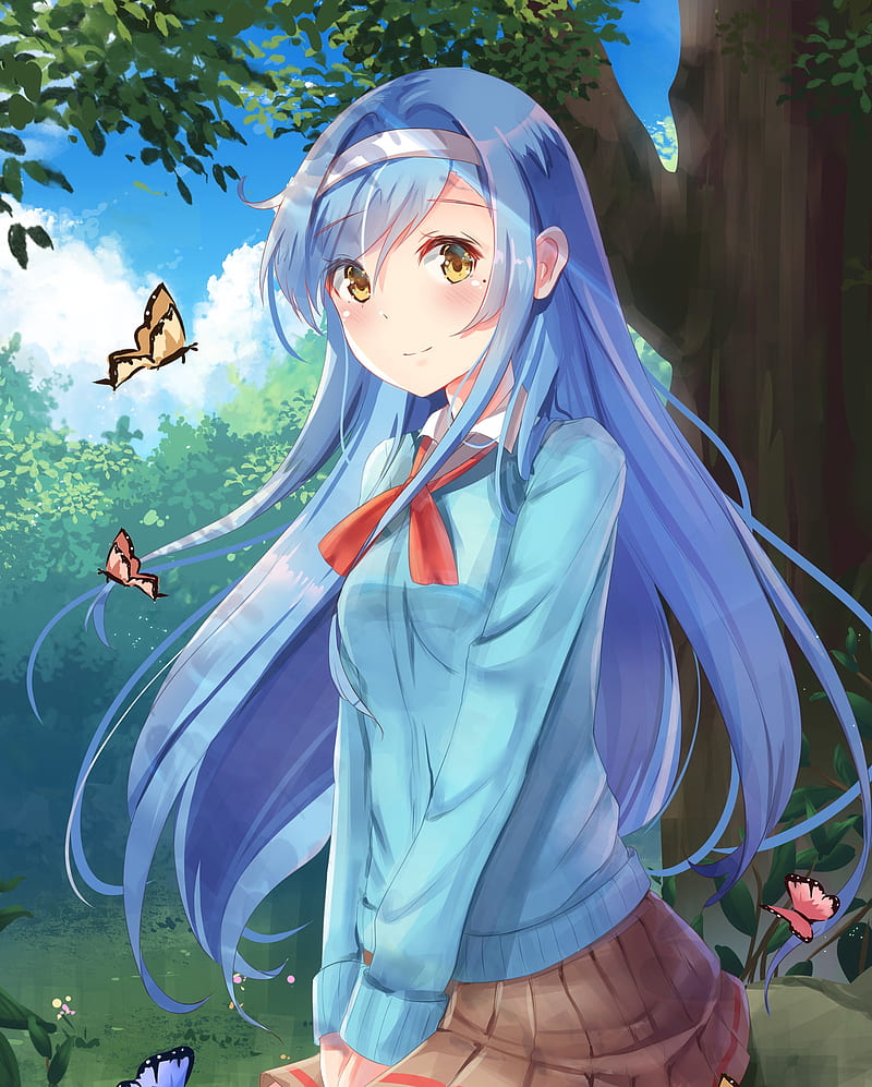 Blue Hair Girl Butterflies Anime HD Anime Girl Wallpapers