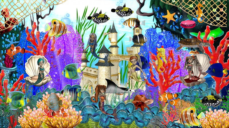 Undersea Fantasy, reef, fish, ocean, mermaid, coral, fun, magic, stingray, undersea, fantasy, water, nautical, sea turtle, castle, swimming, HD wallpaper